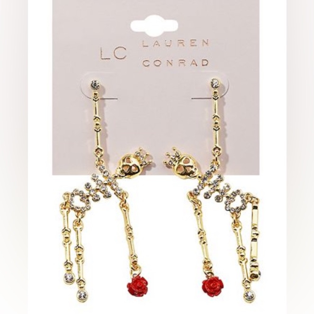 LC Lauren Conrad Gold and Red Skeleton Earrings with Rose and Crown
